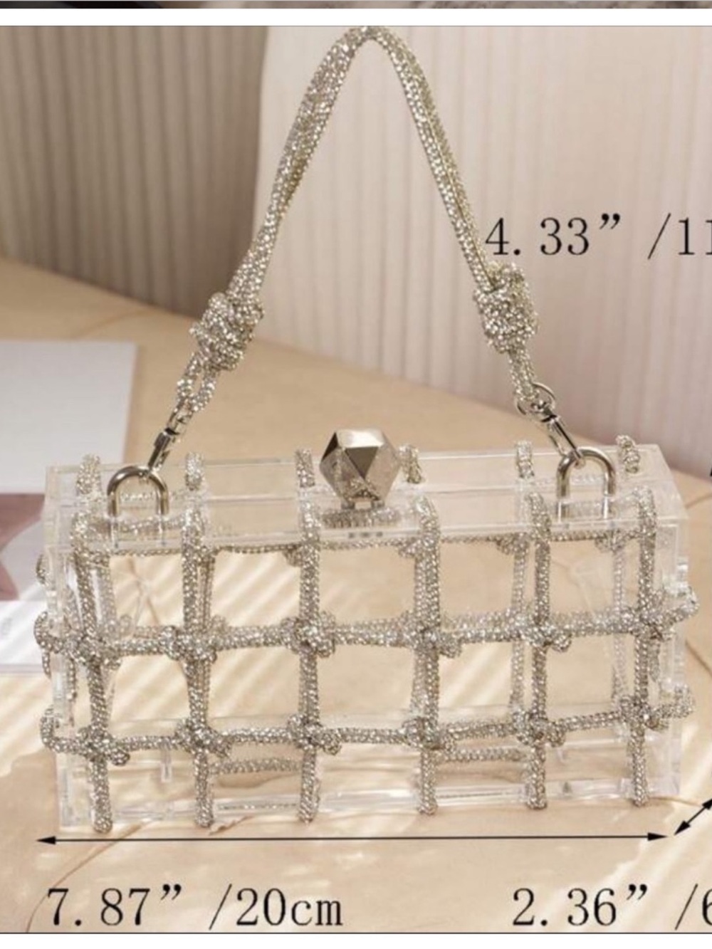 Crystal Grid Clear Acrylic Clutch with Silver Accents